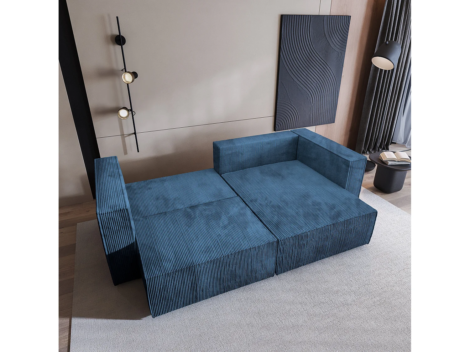 Canapé d'angle NERIO Bleu en velours côtelé avec fonction de couchage