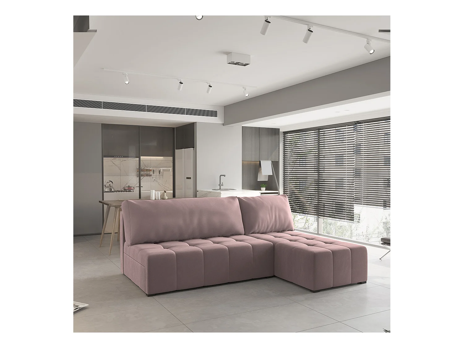 Canapé d'angle DOMIRA Rose poudré en peluche avec fonction de couchage