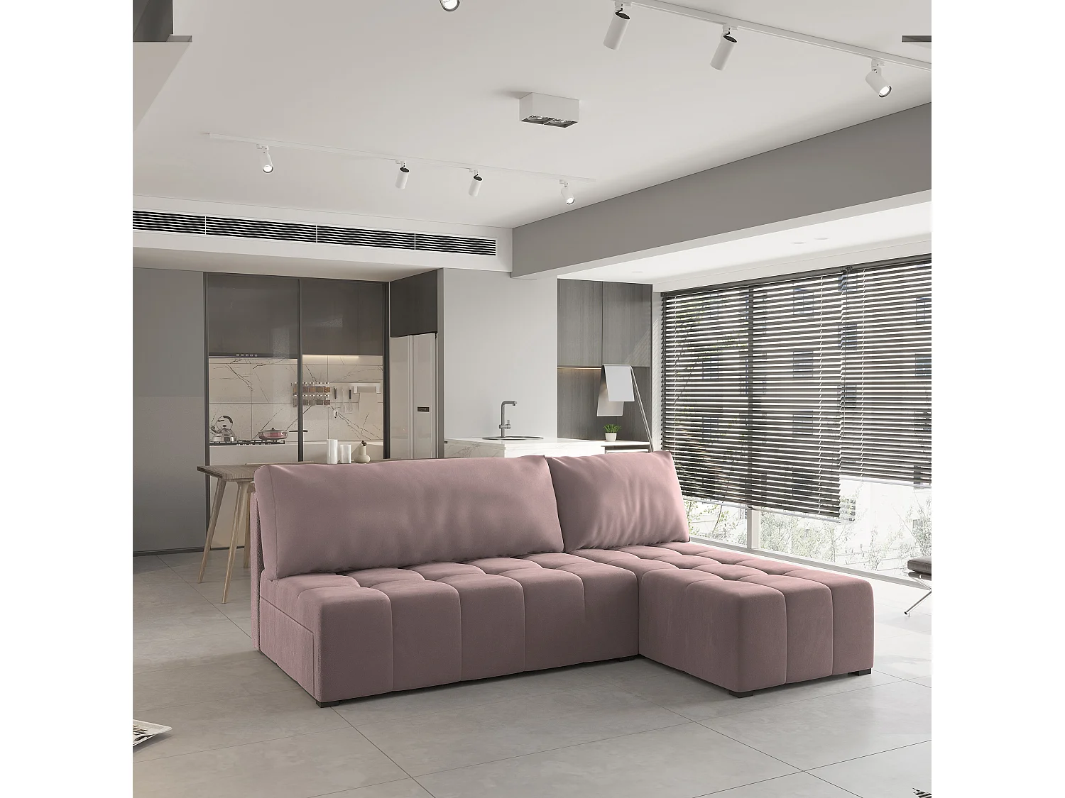 Canapé d'angle DOMIRA Rose poudré en peluche avec fonction de couchage