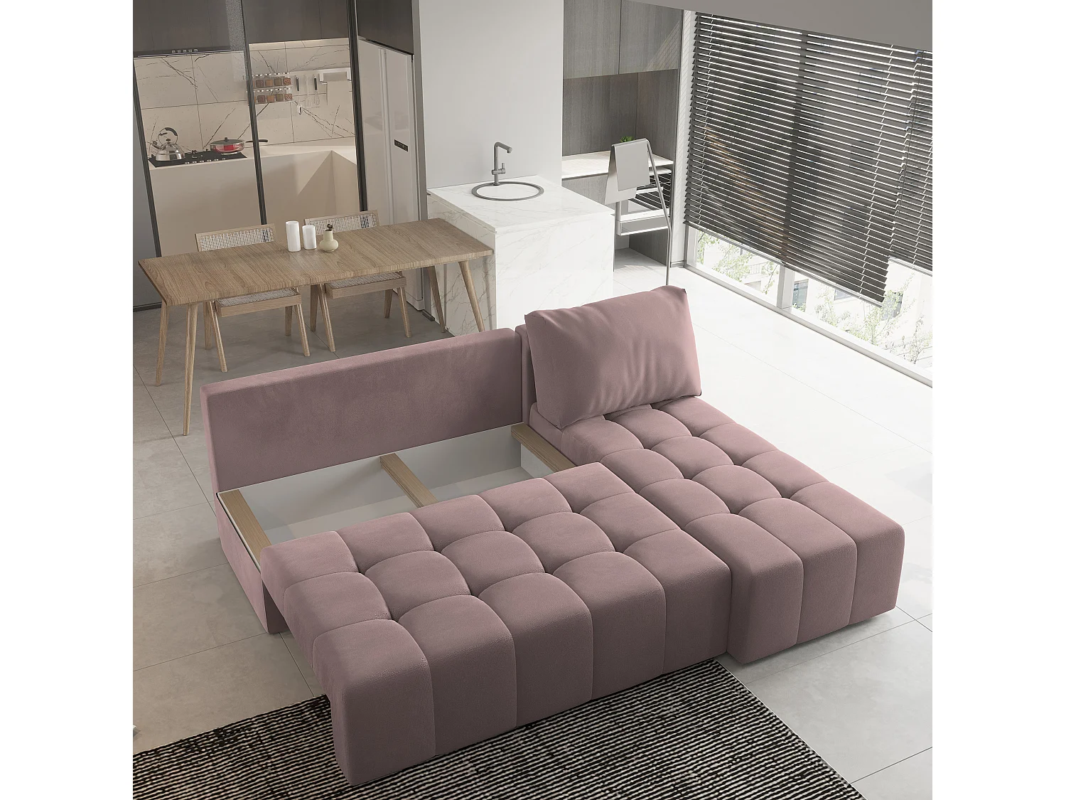 Canapé d'angle DOMIRA Rose poudré en peluche avec fonction de couchage