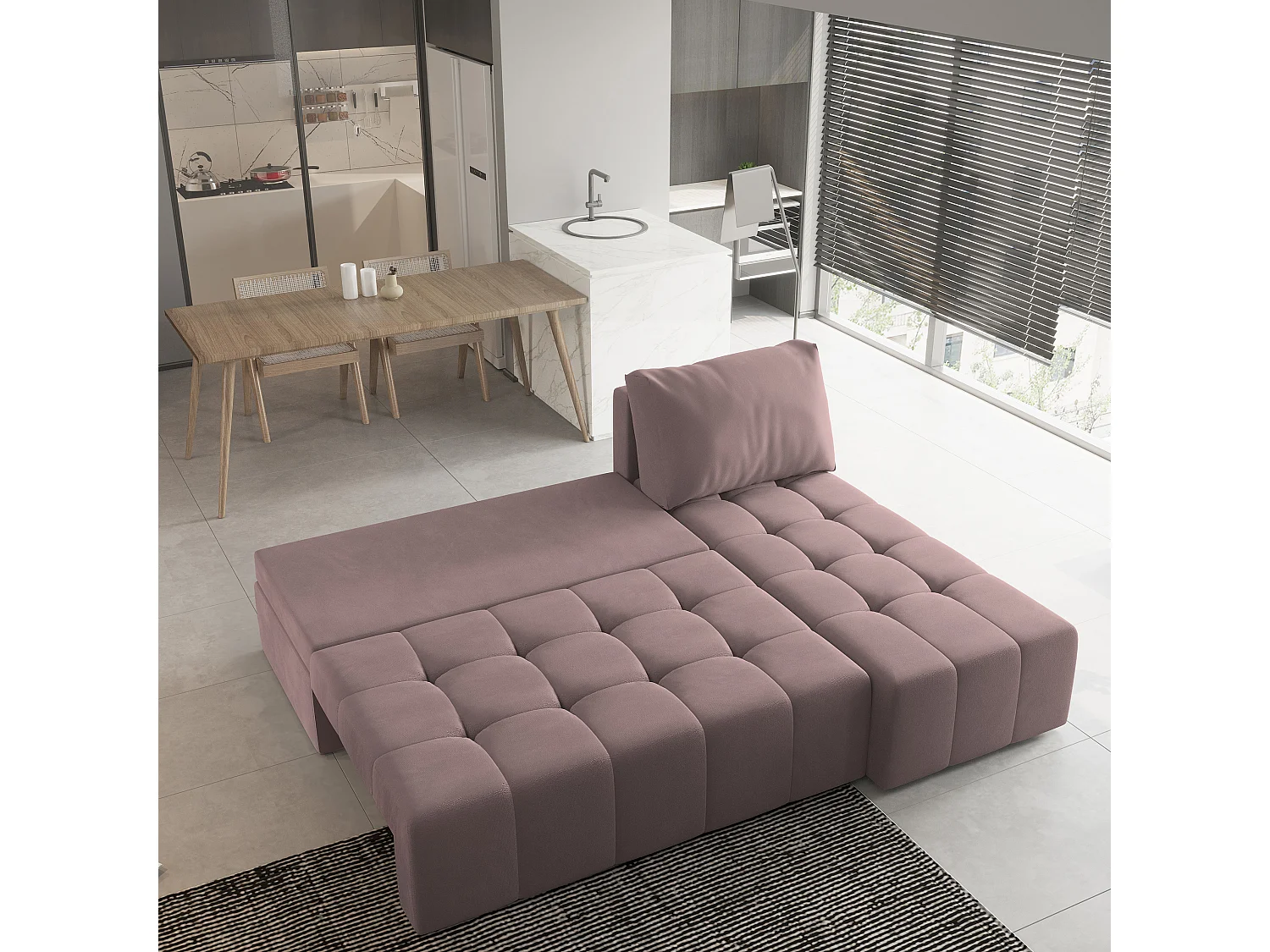 Canapé d'angle DOMIRA Rose poudré en peluche avec fonction de couchage