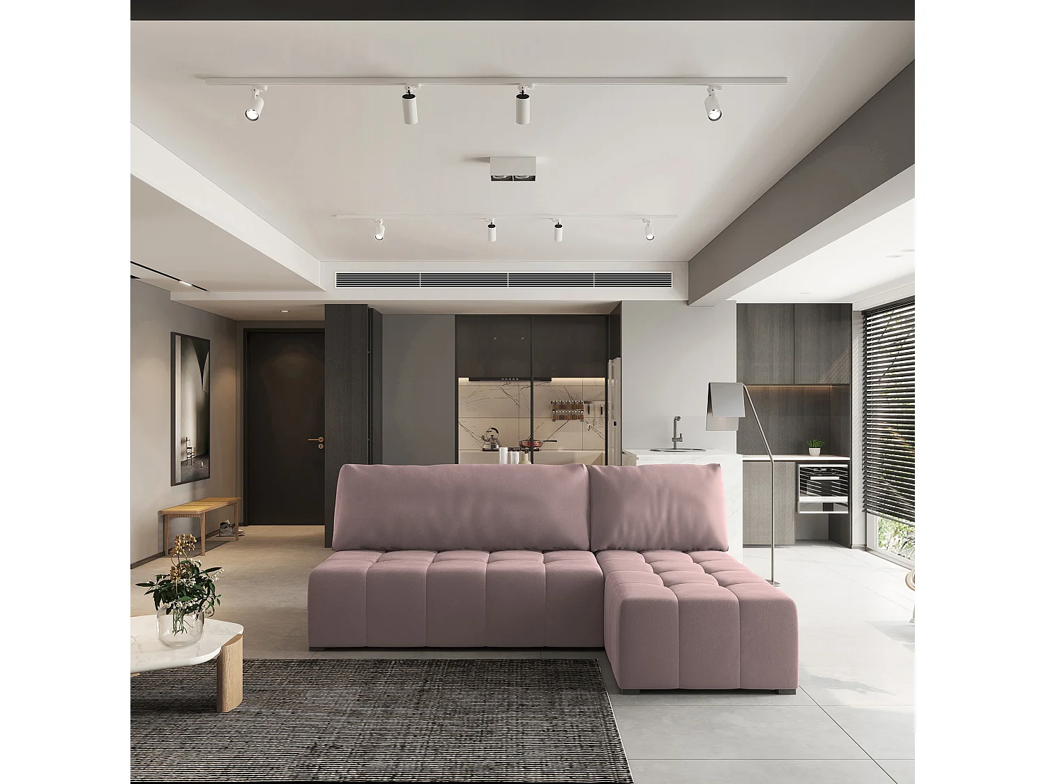 Canapé d'angle DOMIRA Rose poudré en peluche avec fonction de couchage