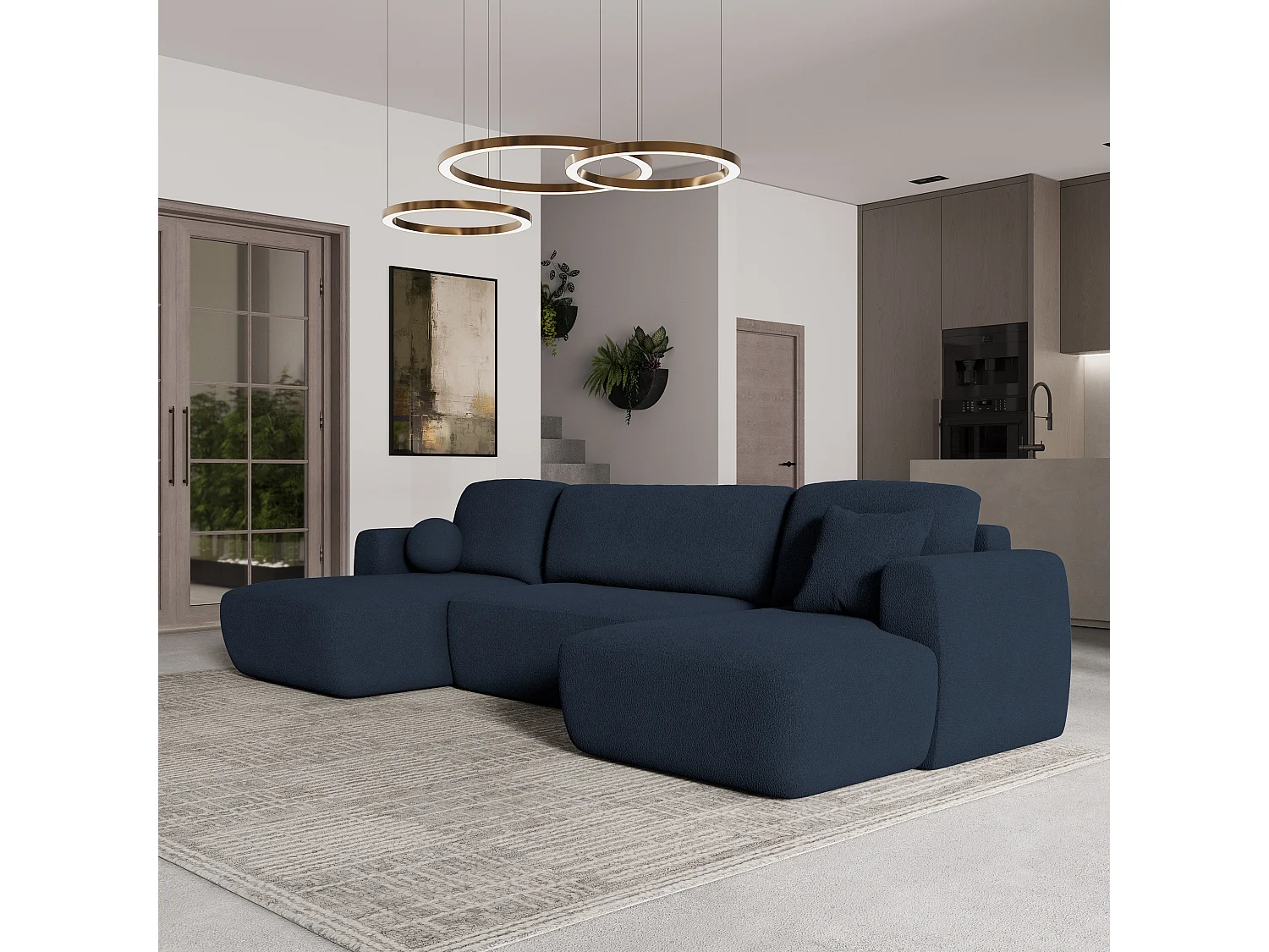 Canapé d'angle SENTUM Bleu en bouclé avec fonction de couchage