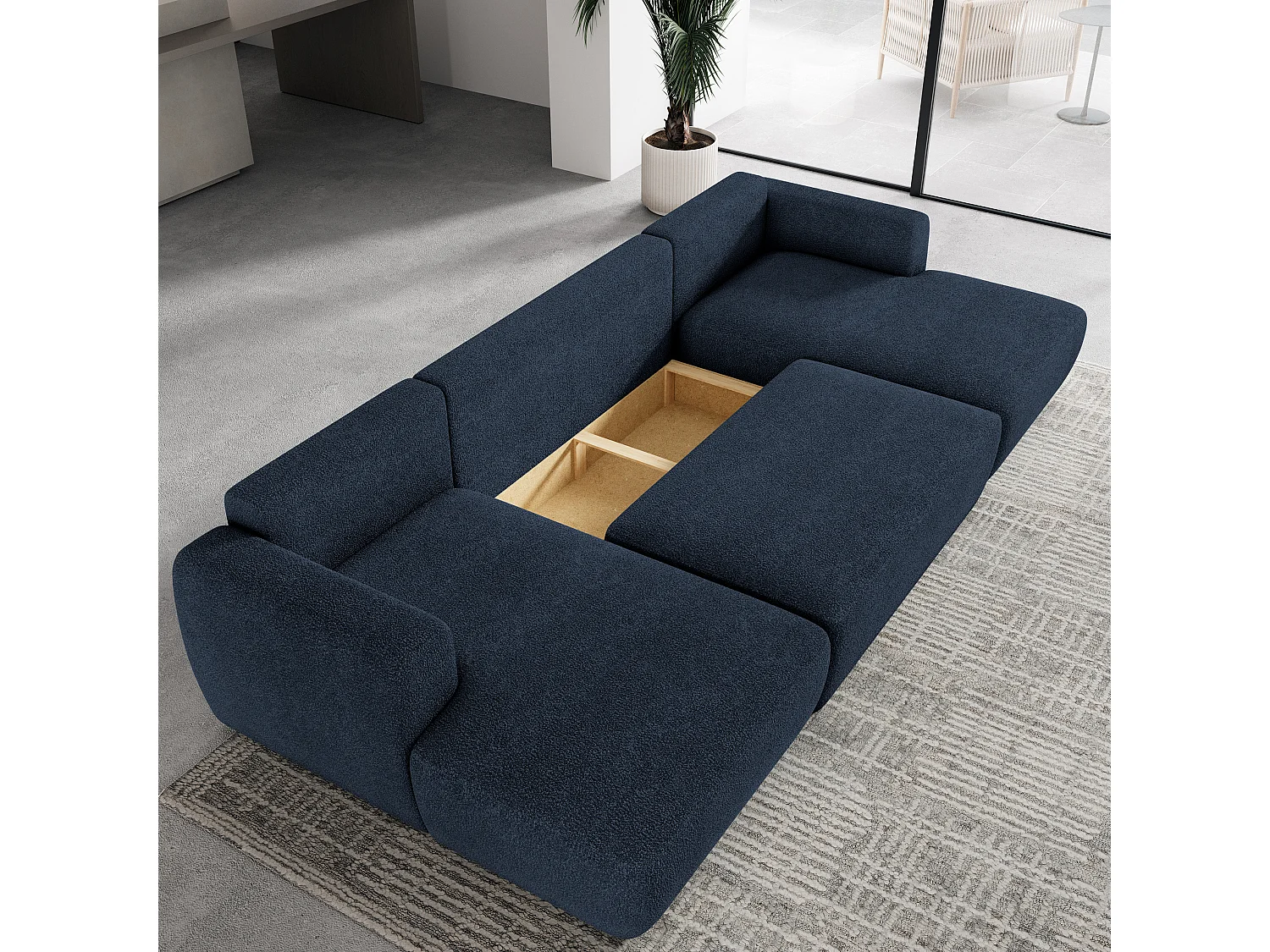 Canapé d'angle SENTUM Bleu en bouclé avec fonction de couchage