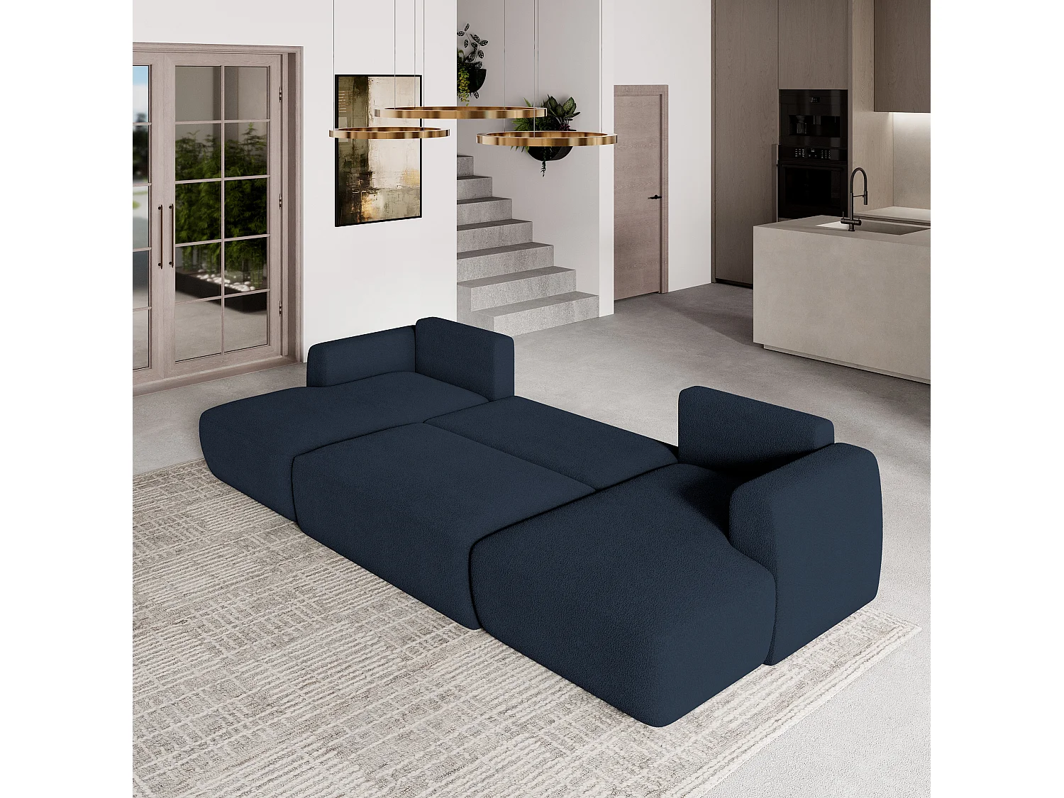 Canapé d'angle SENTUM Bleu en bouclé avec fonction de couchage