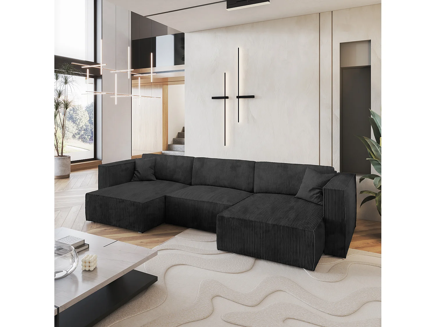 Canapé d'angle SARMO Noir en velours côtelé avec fonction de couchage