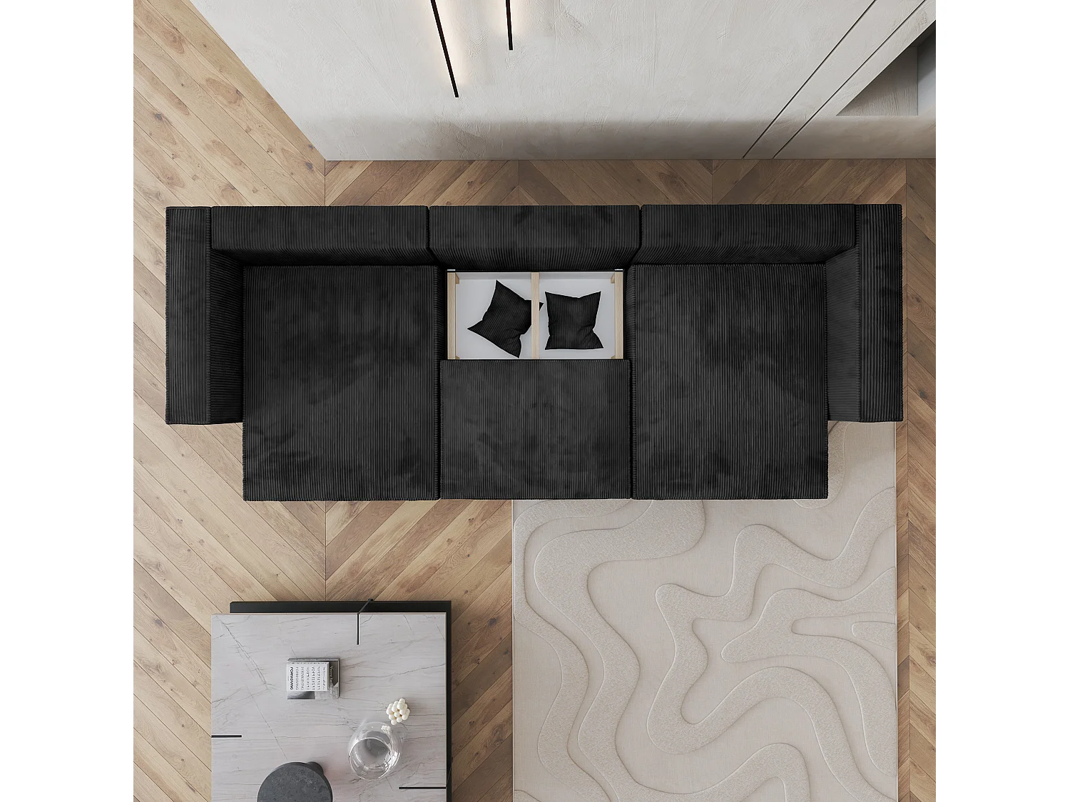 Canapé d'angle SARMO Noir en velours côtelé avec fonction de couchage