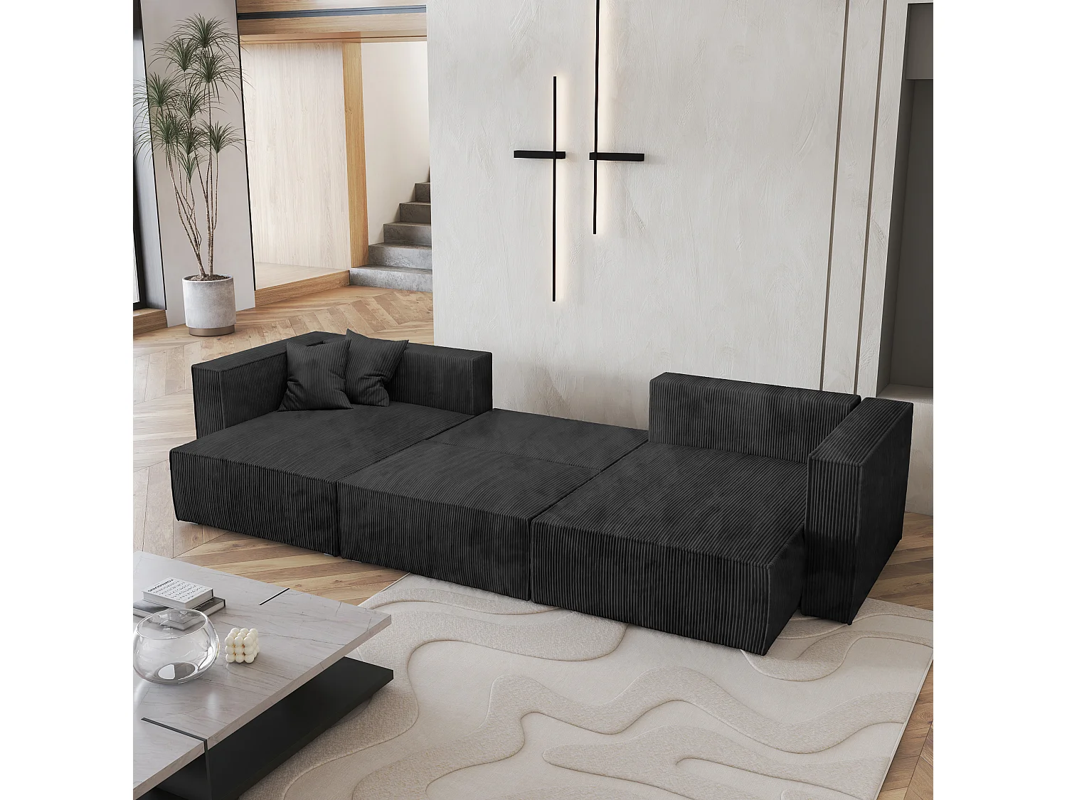 Canapé d'angle SARMO Noir en velours côtelé avec fonction de couchage