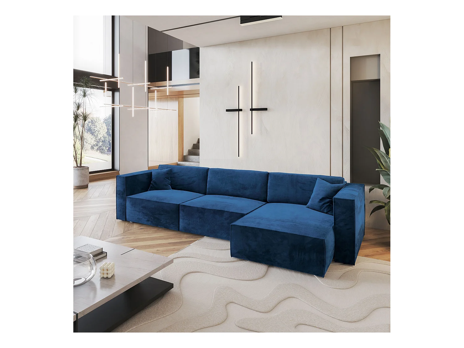 Canapé d'angle TOLMO Bleu en velours avec fonction de couchage