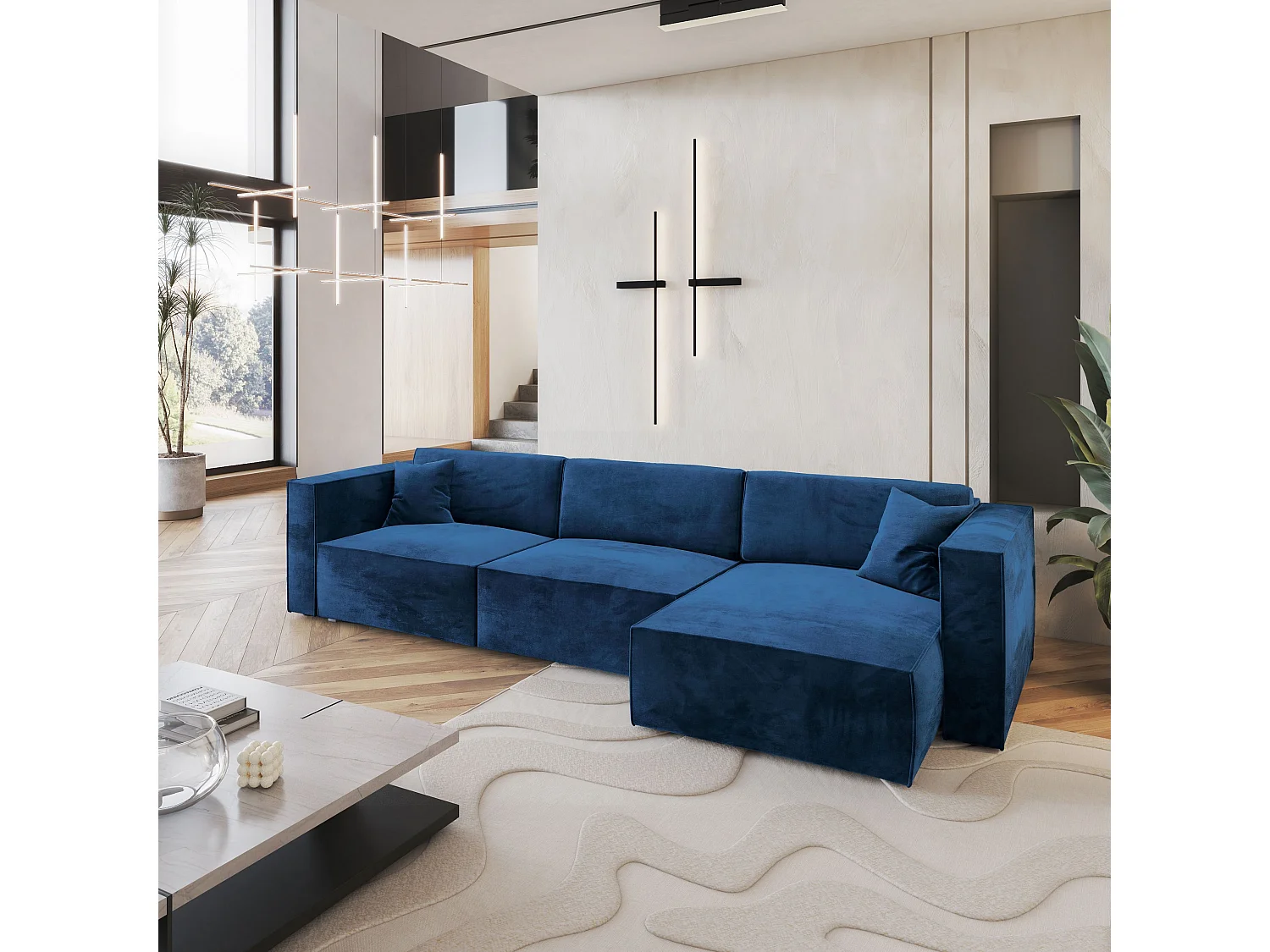 Canapé d'angle TOLMO Bleu en velours avec fonction de couchage