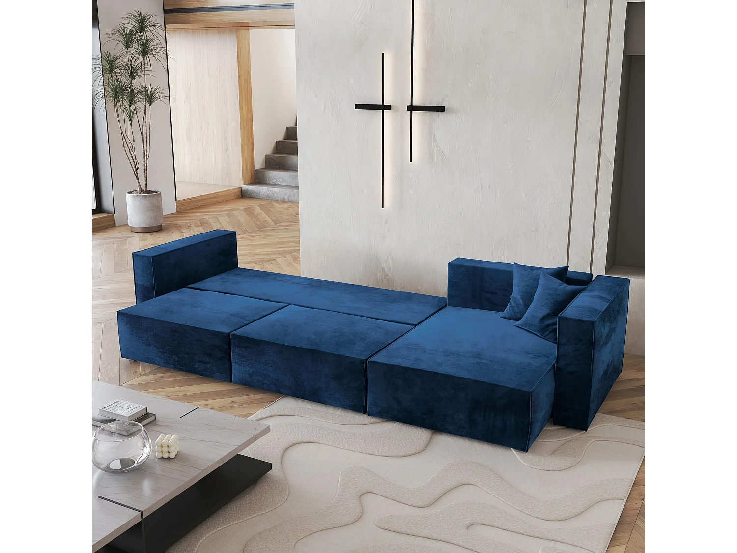 Canapé d'angle TOLMO Bleu en velours avec fonction de couchage