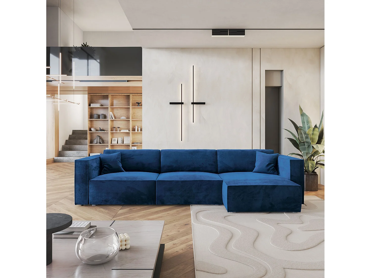 Canapé d'angle TOLMO Bleu en velours avec fonction de couchage