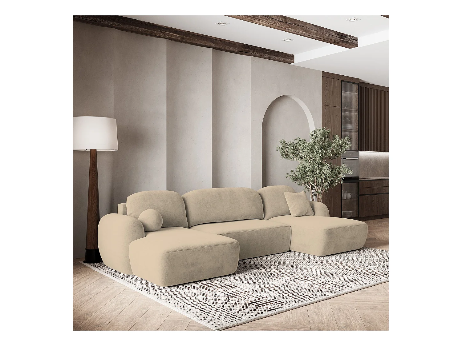 Canapé d'angle SAVONA Beige en peluche avec fonction de couchage