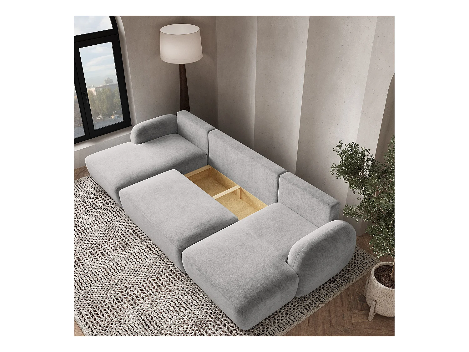 Canapé d'angle SAVONA Beige en peluche avec fonction de couchage