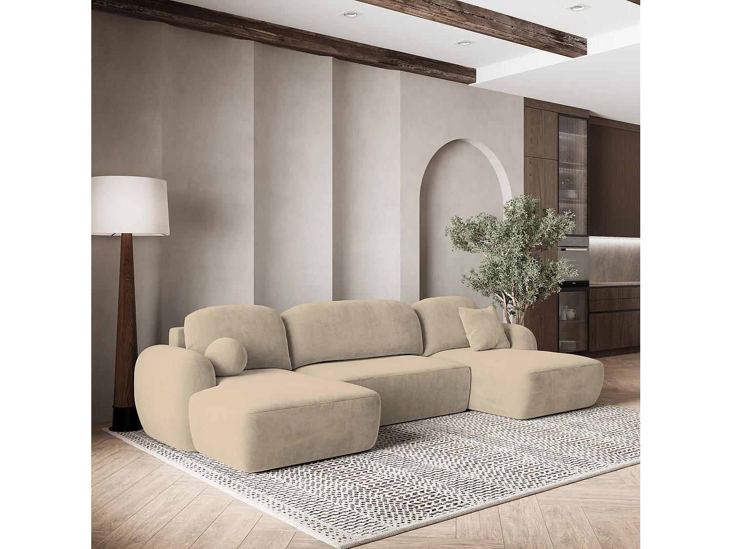 Canapé d'angle SAVONA Beige en peluche avec fonction de couchage