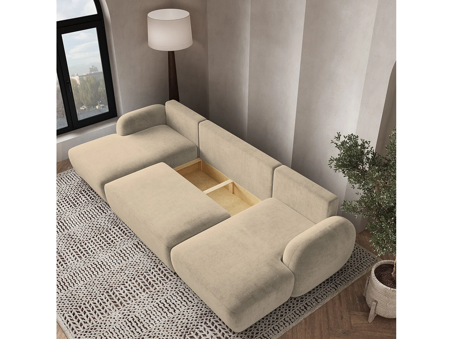 Canapé d'angle SAVONA Beige en peluche avec fonction de couchage