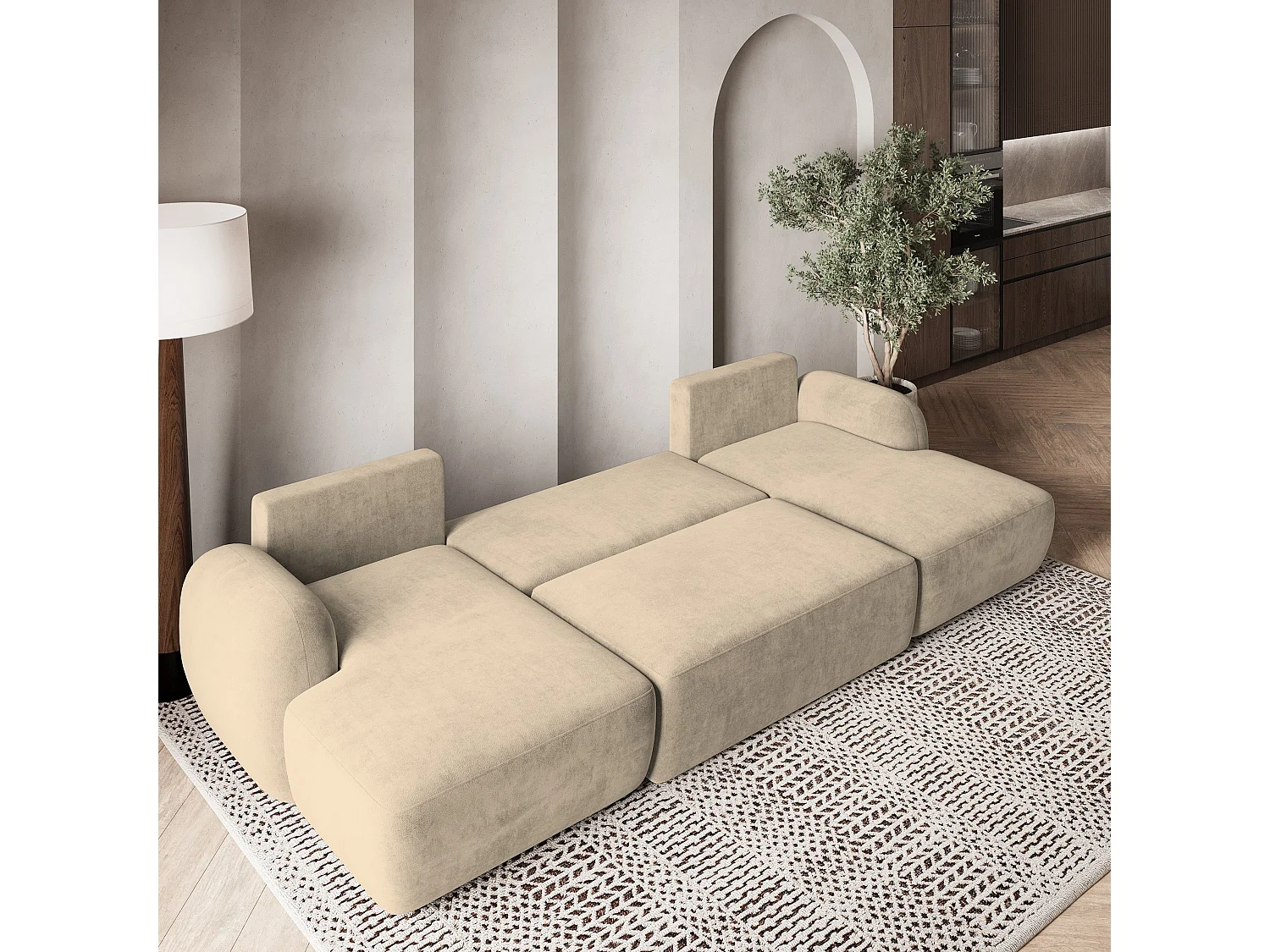 Canapé d'angle SAVONA Beige en peluche avec fonction de couchage