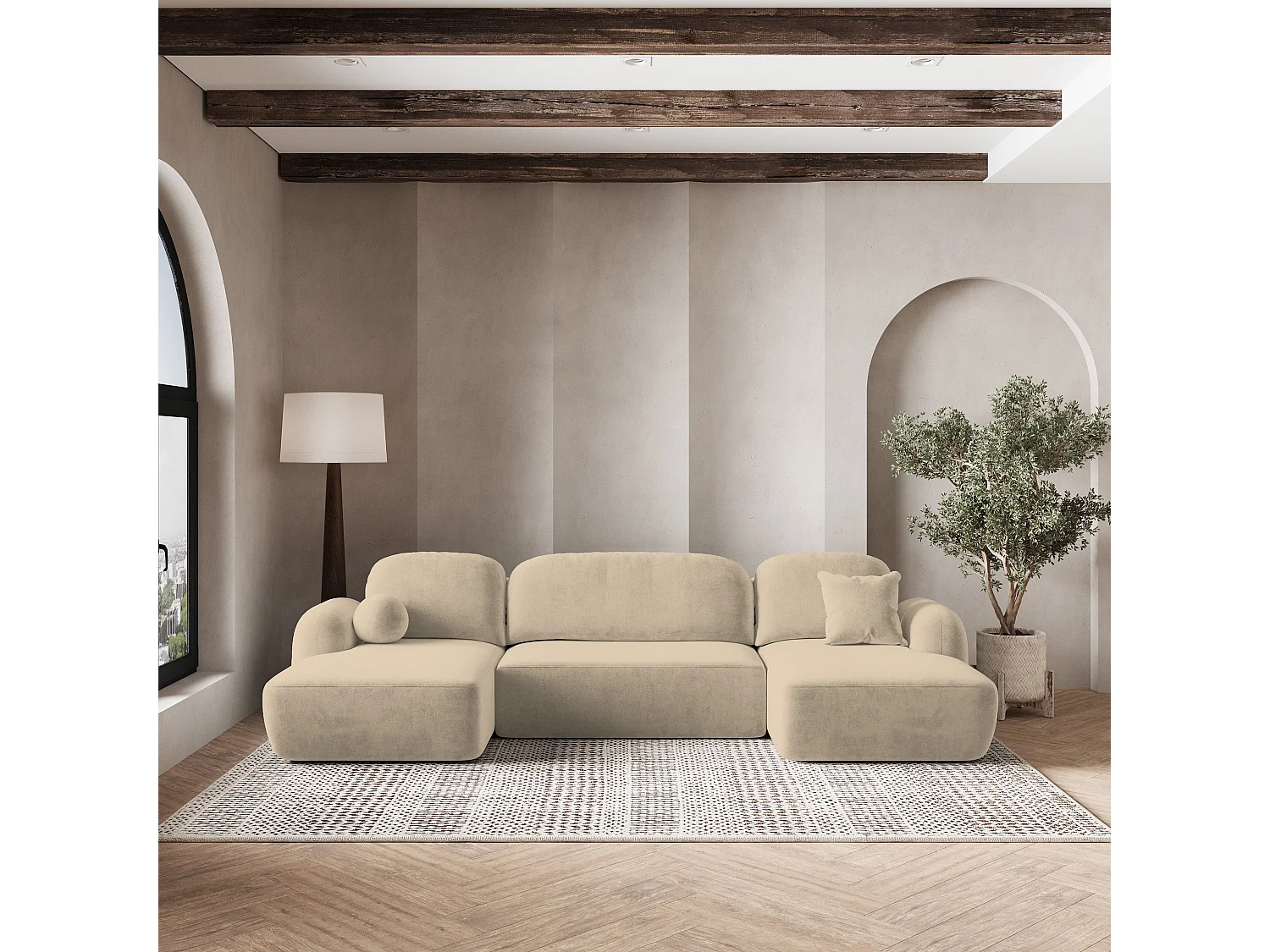 Canapé d'angle SAVONA Beige en peluche avec fonction de couchage