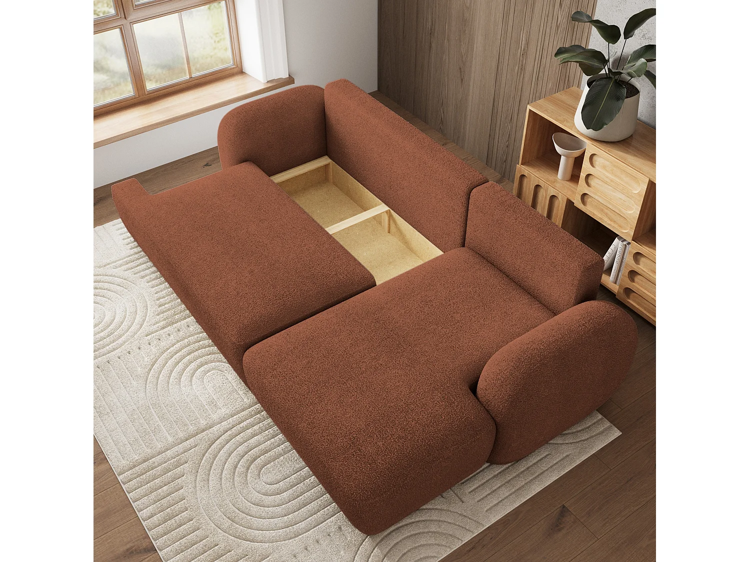 Canapé d'angle MODENZA Terracotta en bouclé avec fonction de couchage