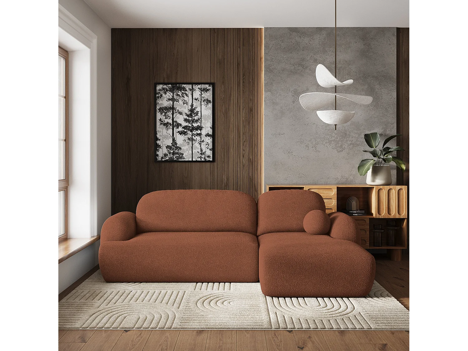 Canapé d'angle MODENZA Terracotta en bouclé avec fonction de couchage