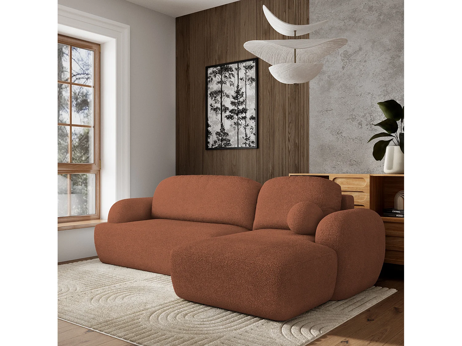 Canapé d'angle MODENZA Terracotta en bouclé avec fonction de couchage