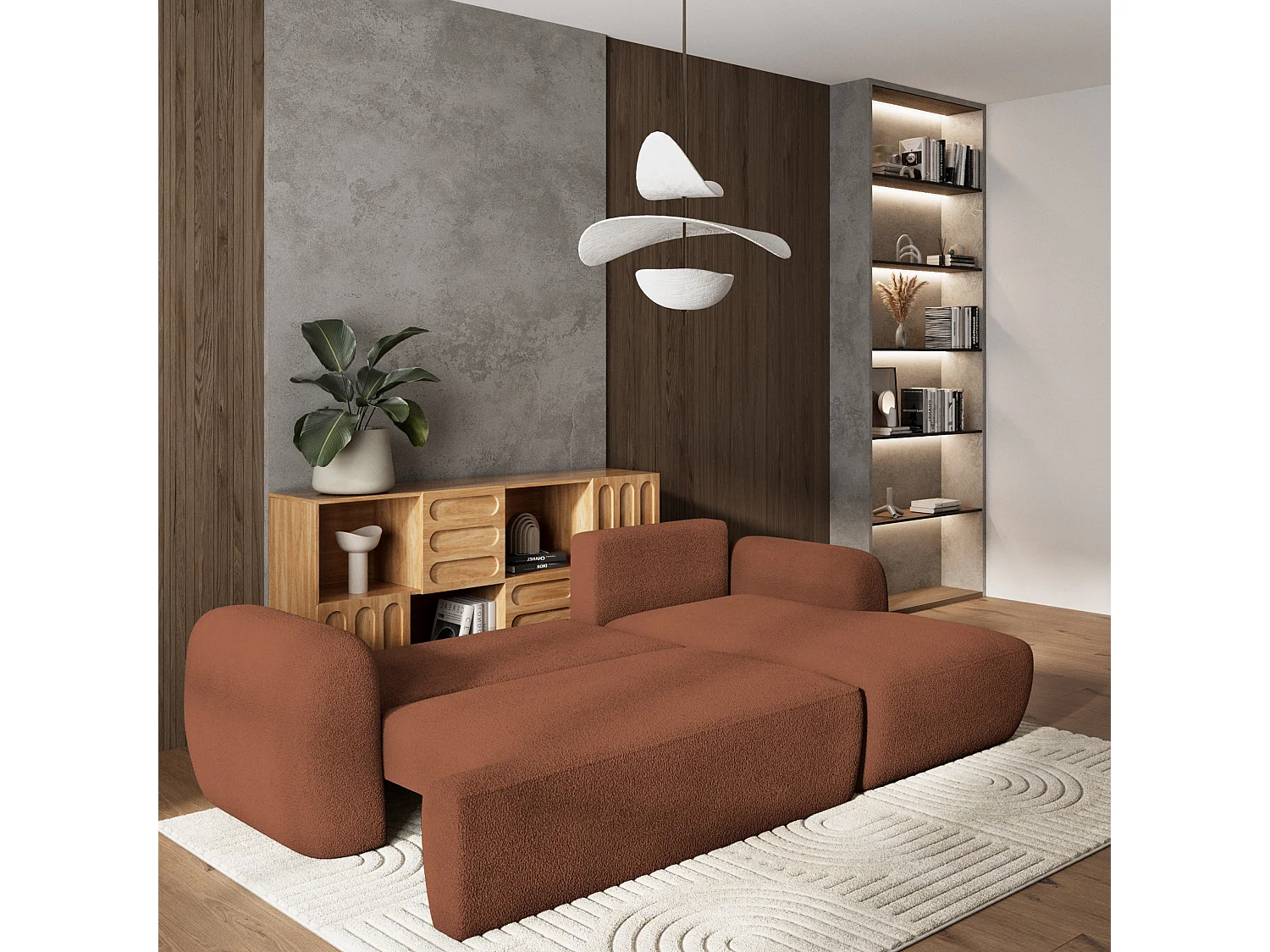 Canapé d'angle MODENZA Terracotta en bouclé avec fonction de couchage