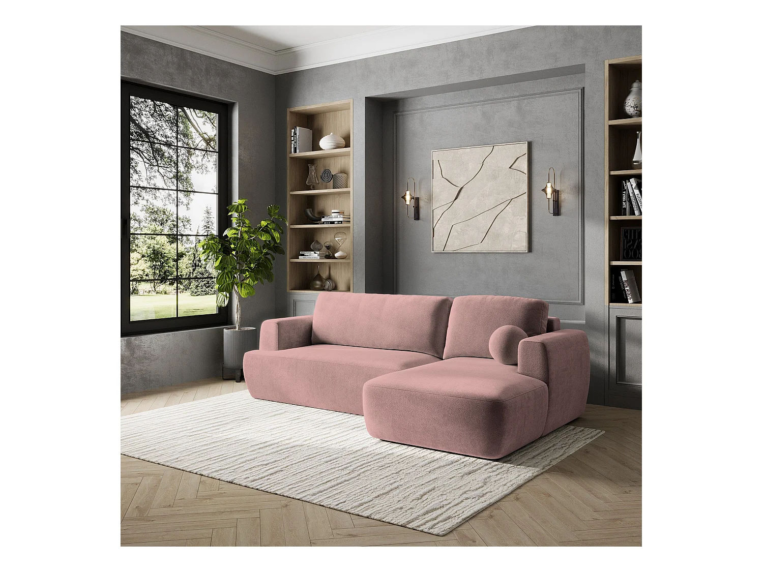Canapé d'angle SENTI Rose poudré en peluche avec fonction de couchage