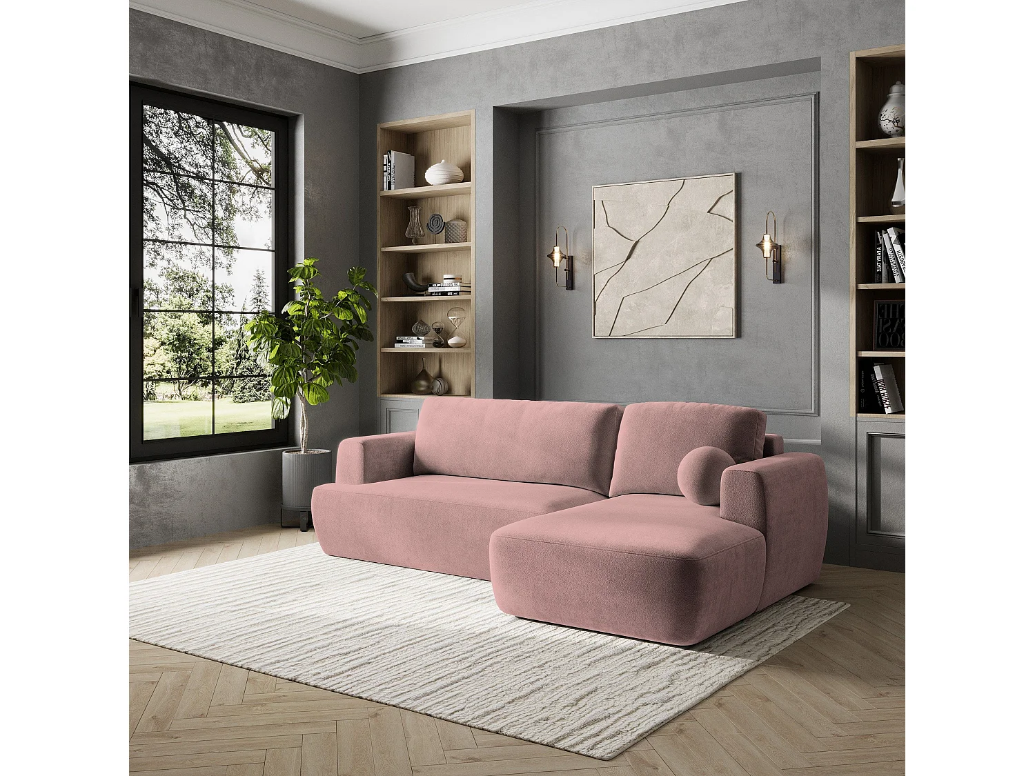 Canapé d'angle SENTI Rose poudré en peluche avec fonction de couchage