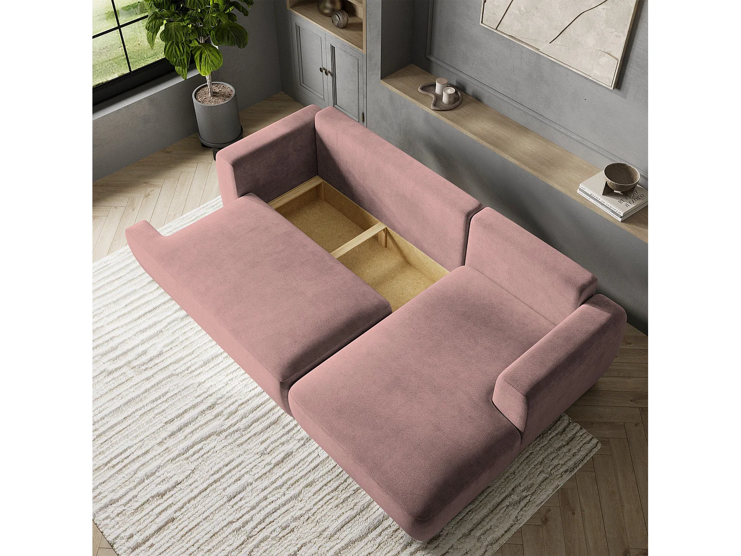 Canapé d'angle SENTI Rose poudré en peluche avec fonction de couchage