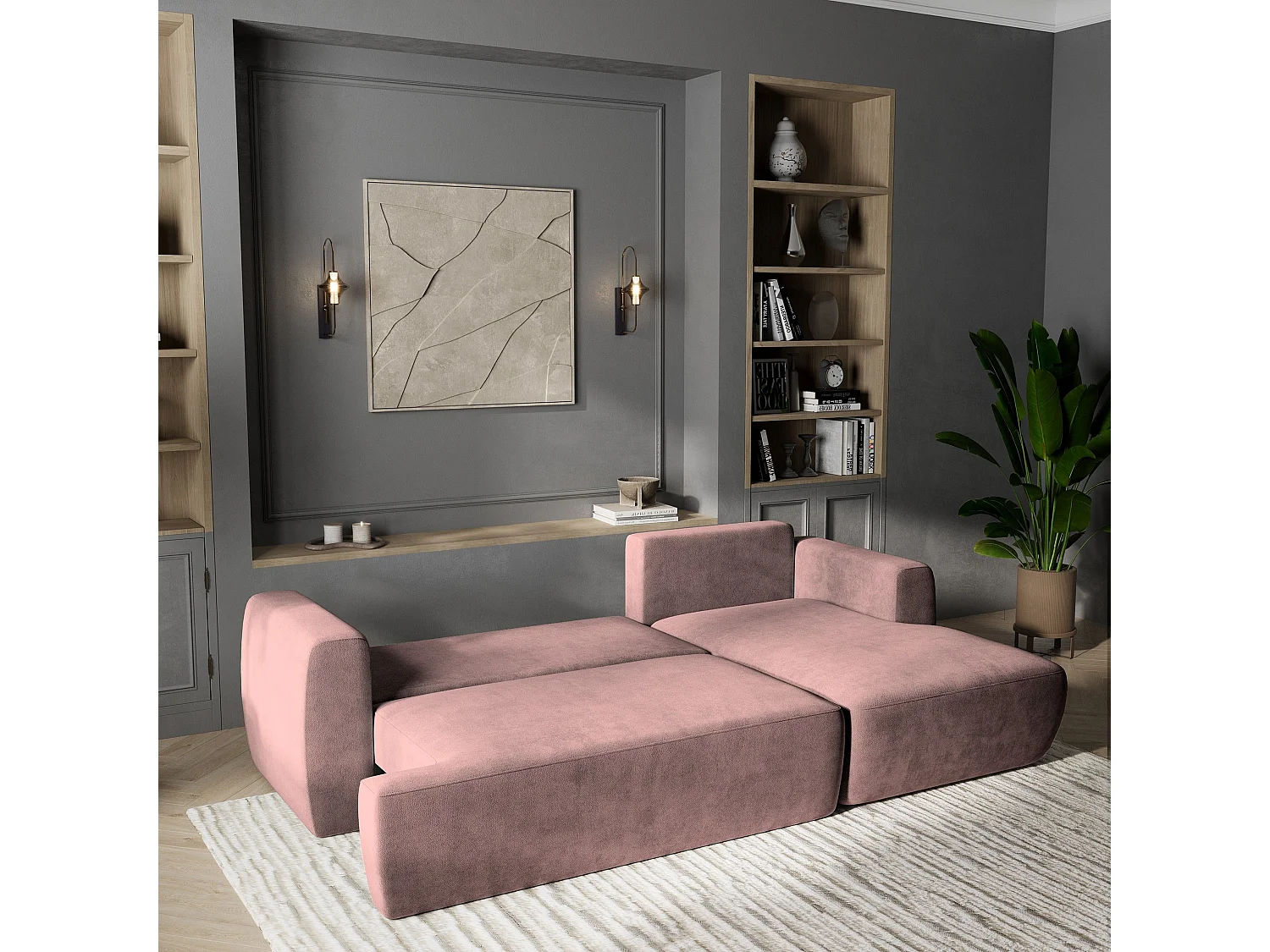 Canapé d'angle SENTI Rose poudré en peluche avec fonction de couchage