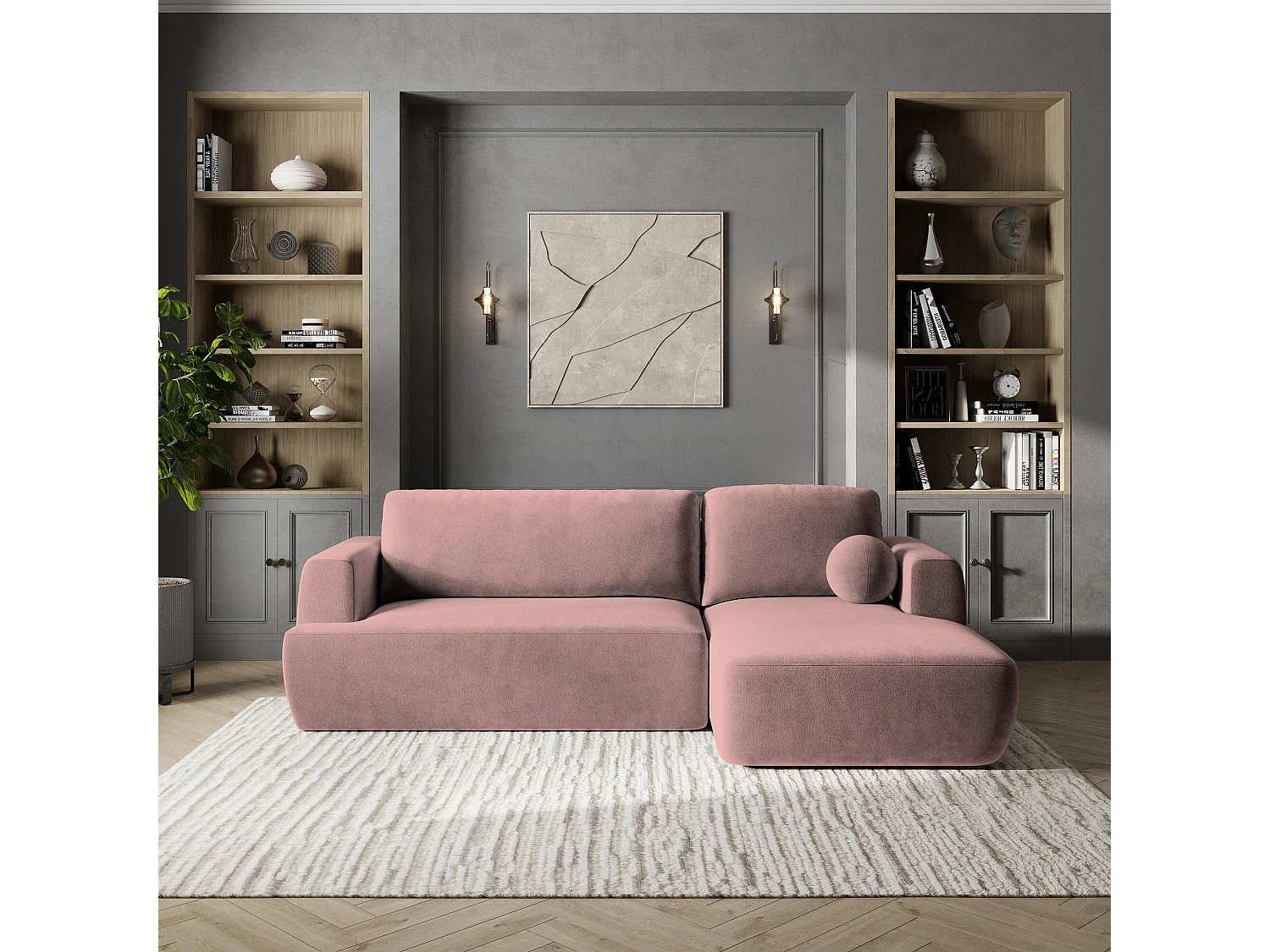 Canapé d'angle SENTI Rose poudré en peluche avec fonction de couchage