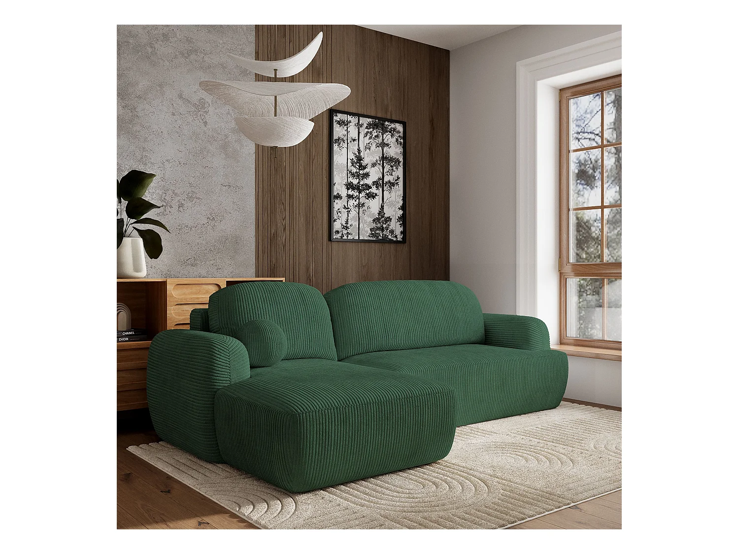 Canapé d'angle MODENZA Vert en velours côtelé avec fonction de couchage