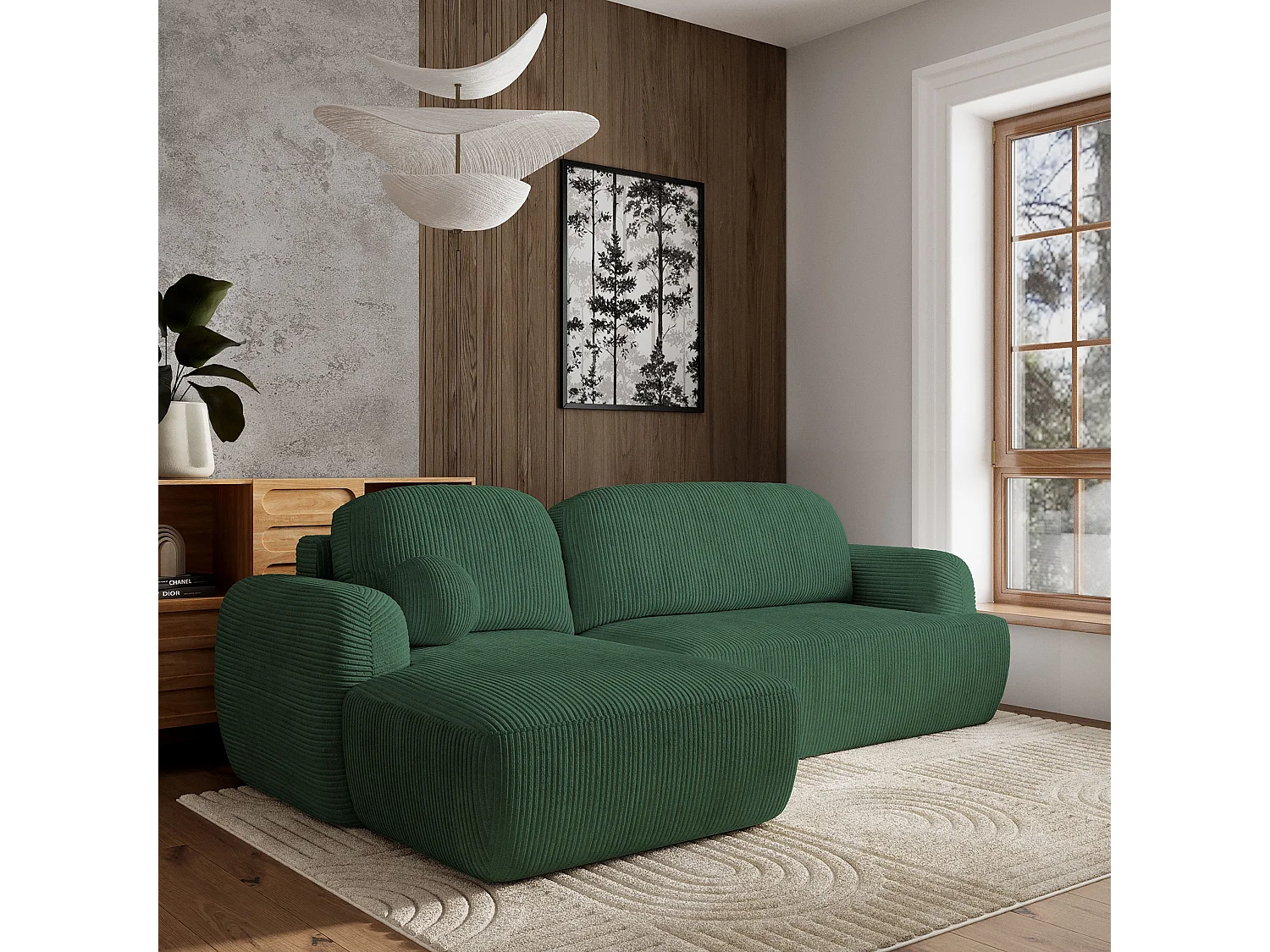 Canapé d'angle MODENZA Vert en velours côtelé avec fonction de couchage