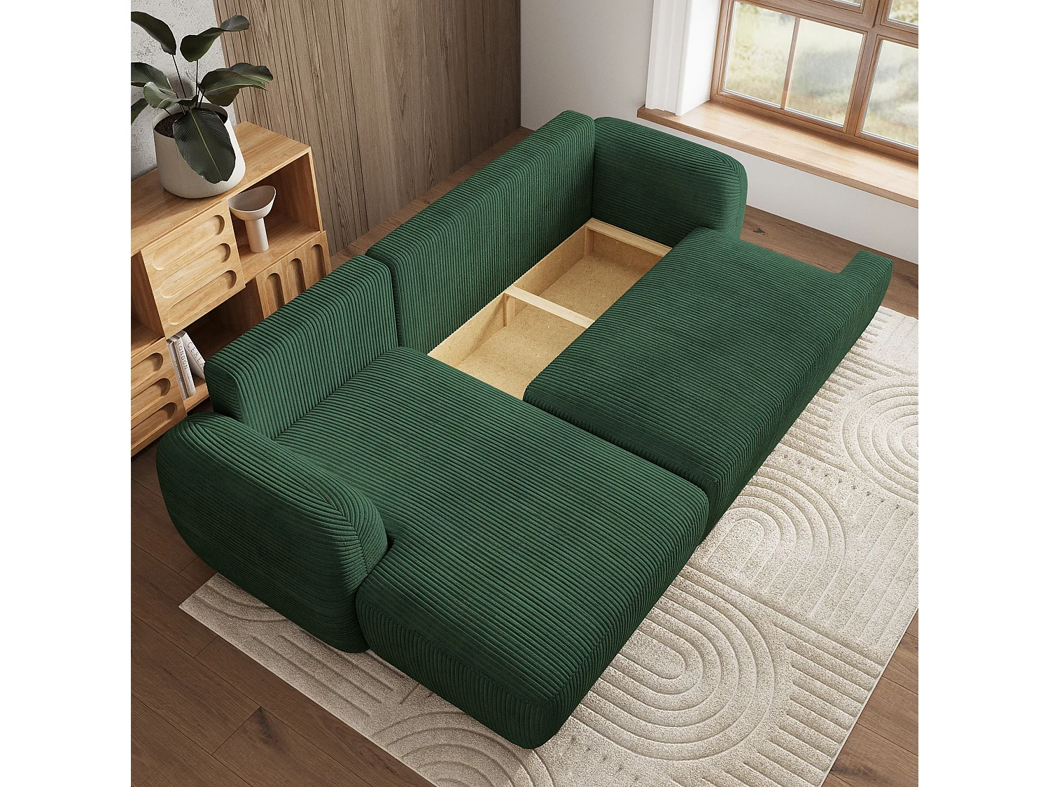 Canapé d'angle MODENZA Vert en velours côtelé avec fonction de couchage
