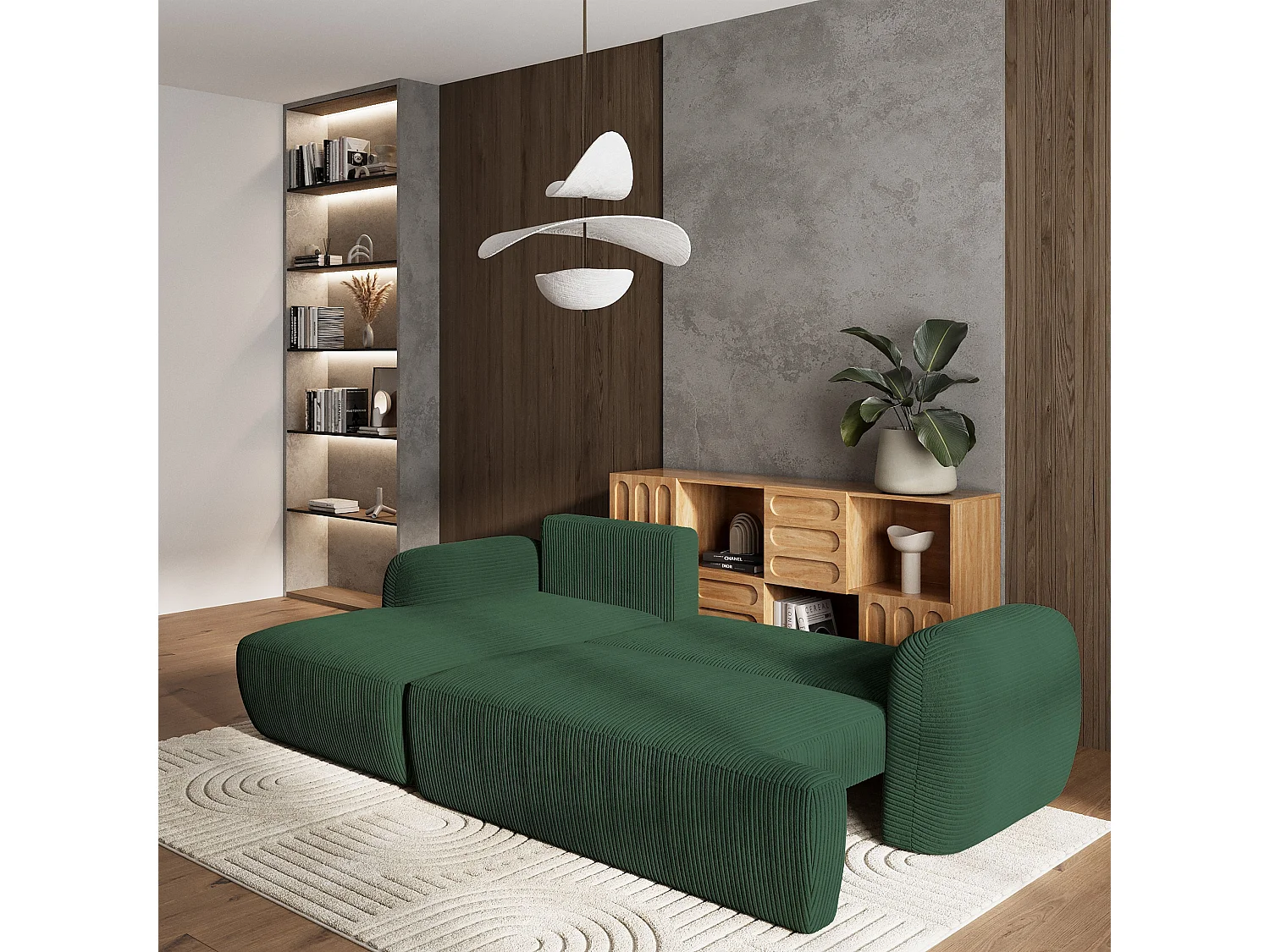 Canapé d'angle MODENZA Vert en velours côtelé avec fonction de couchage