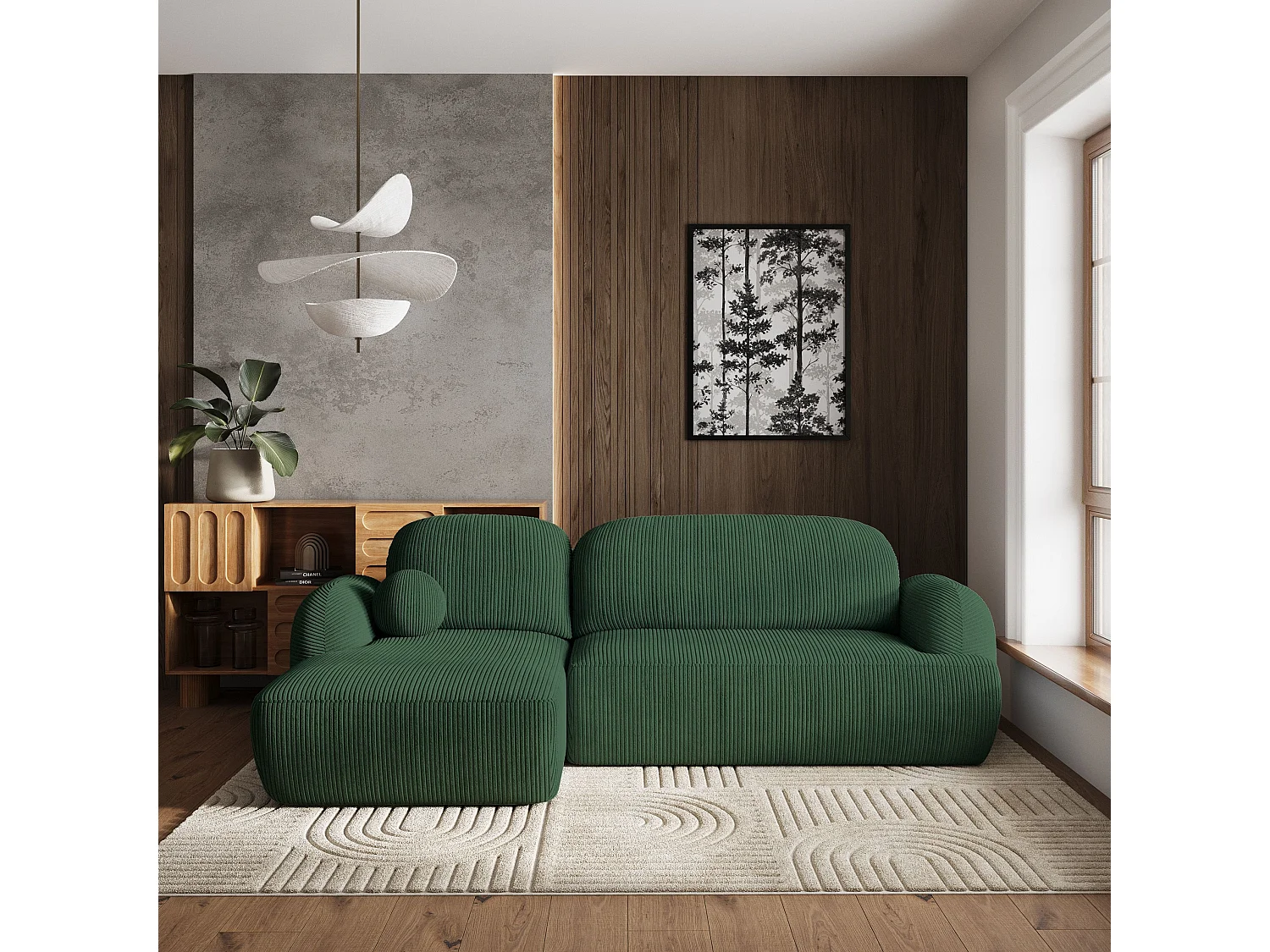 Canapé d'angle MODENZA Vert en velours côtelé avec fonction de couchage