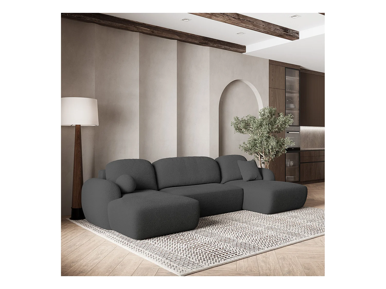 Canapé d'angle SAVONA Gris en bouclé avec fonction de couchage