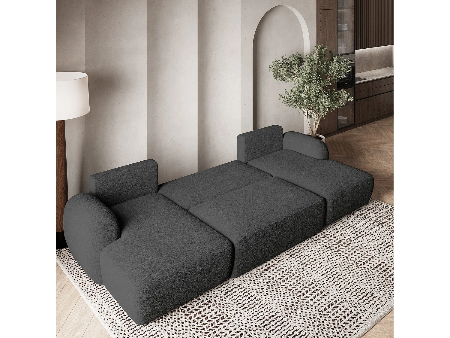 Canapé d'angle SAVONA Gris en bouclé avec fonction de couchage