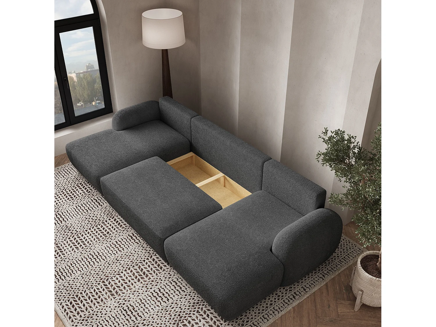 Canapé d'angle SAVONA Gris en bouclé avec fonction de couchage