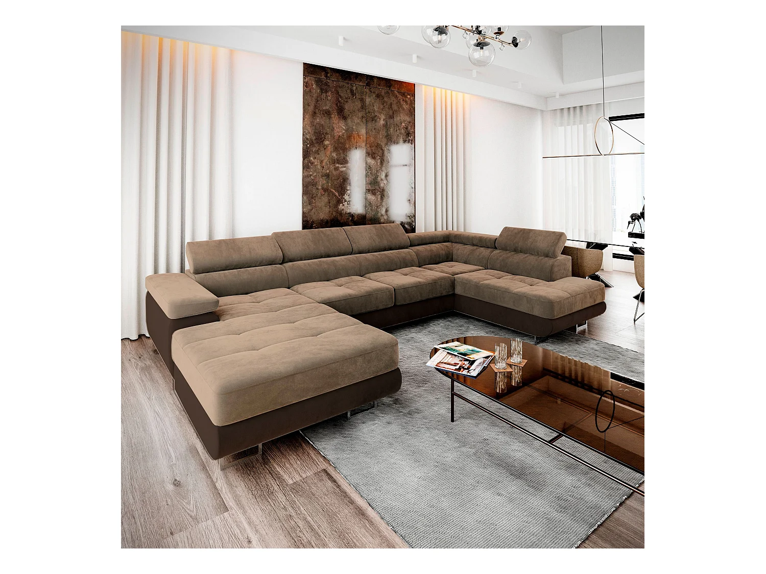 Canapé d'angle CASONE Beige en velours avec fonction de couchage