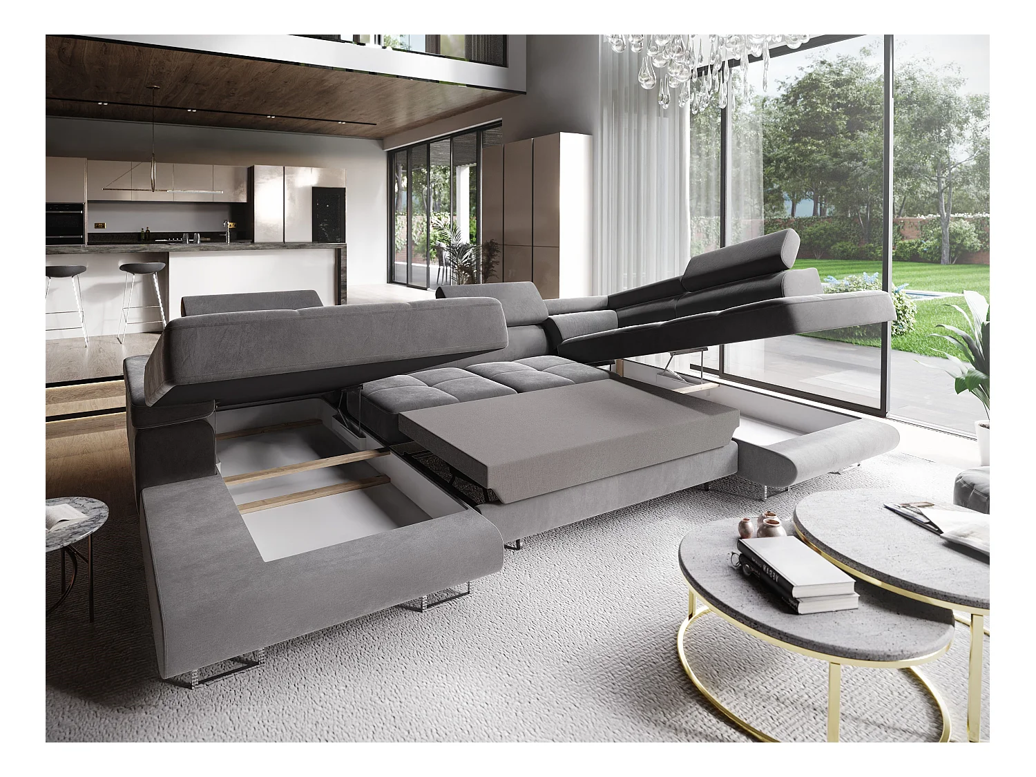 Canapé d'angle CASONE Beige en velours avec fonction de couchage