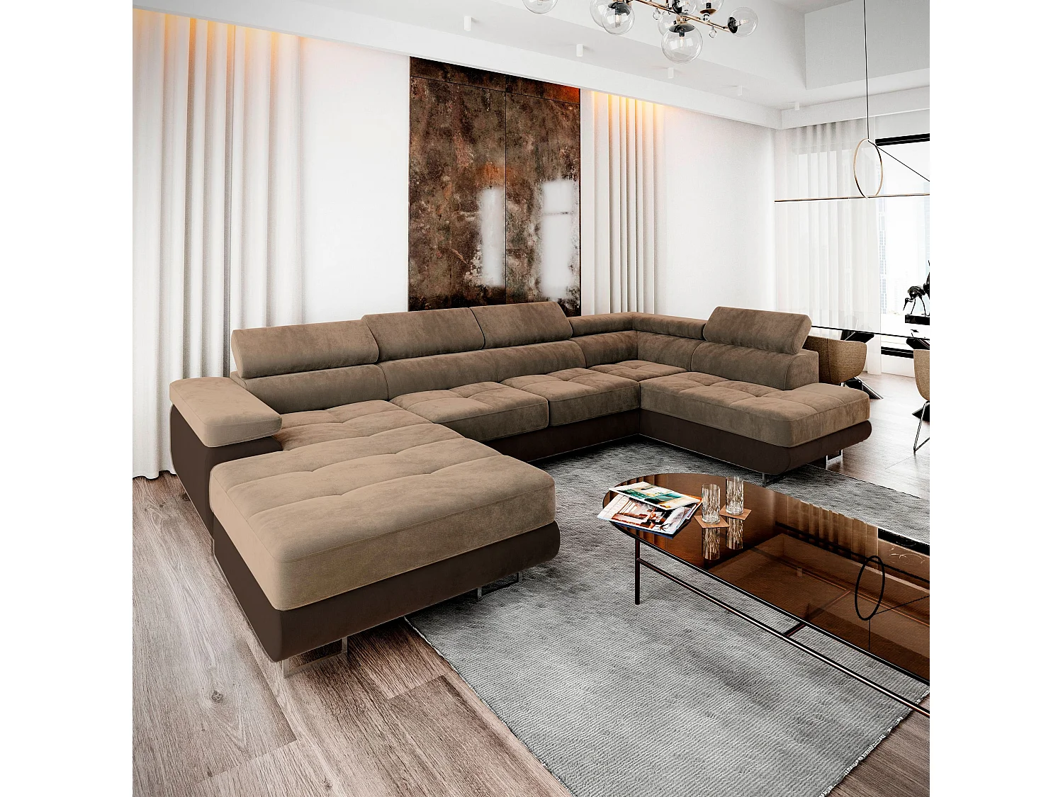 Hoekbank CASONE van fluweel met slaapfunctie Beige