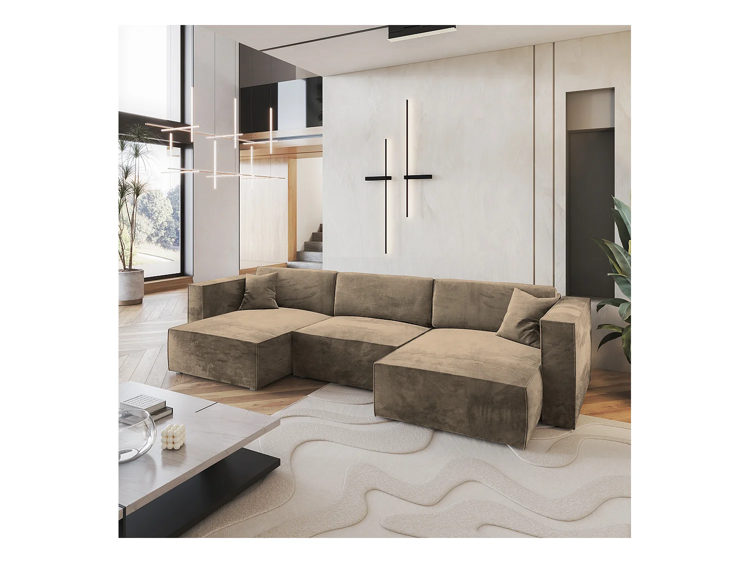 Canapé d'angle SARMO Beige en velours avec fonction de couchage