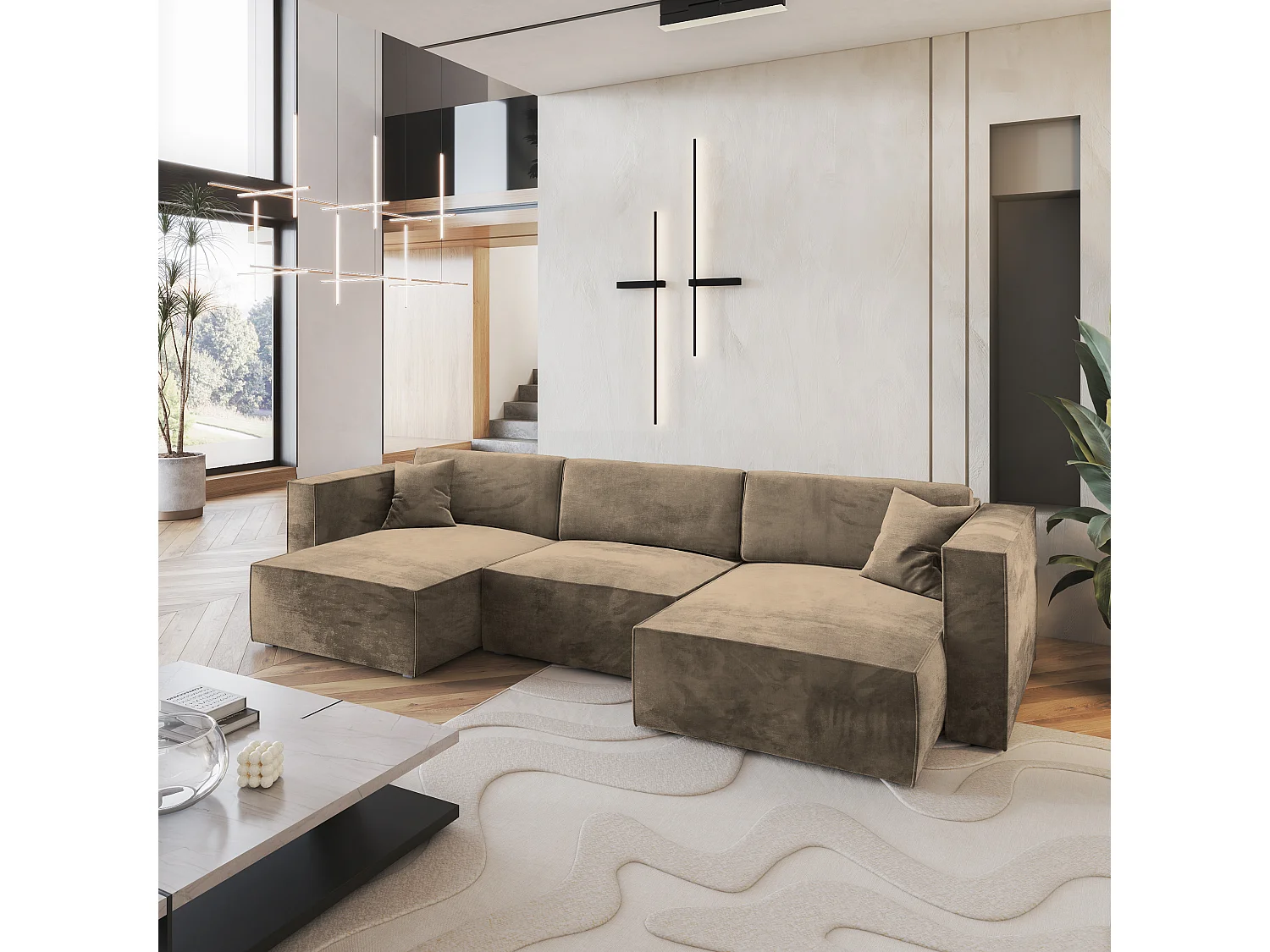 Canapé d'angle SARMO Beige en velours avec fonction de couchage