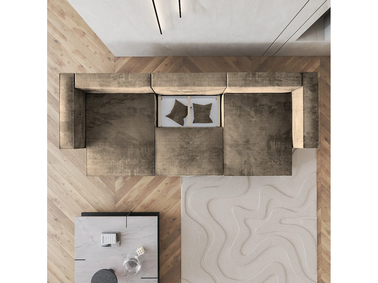 Canapé d'angle SARMO Beige en velours avec fonction de couchage