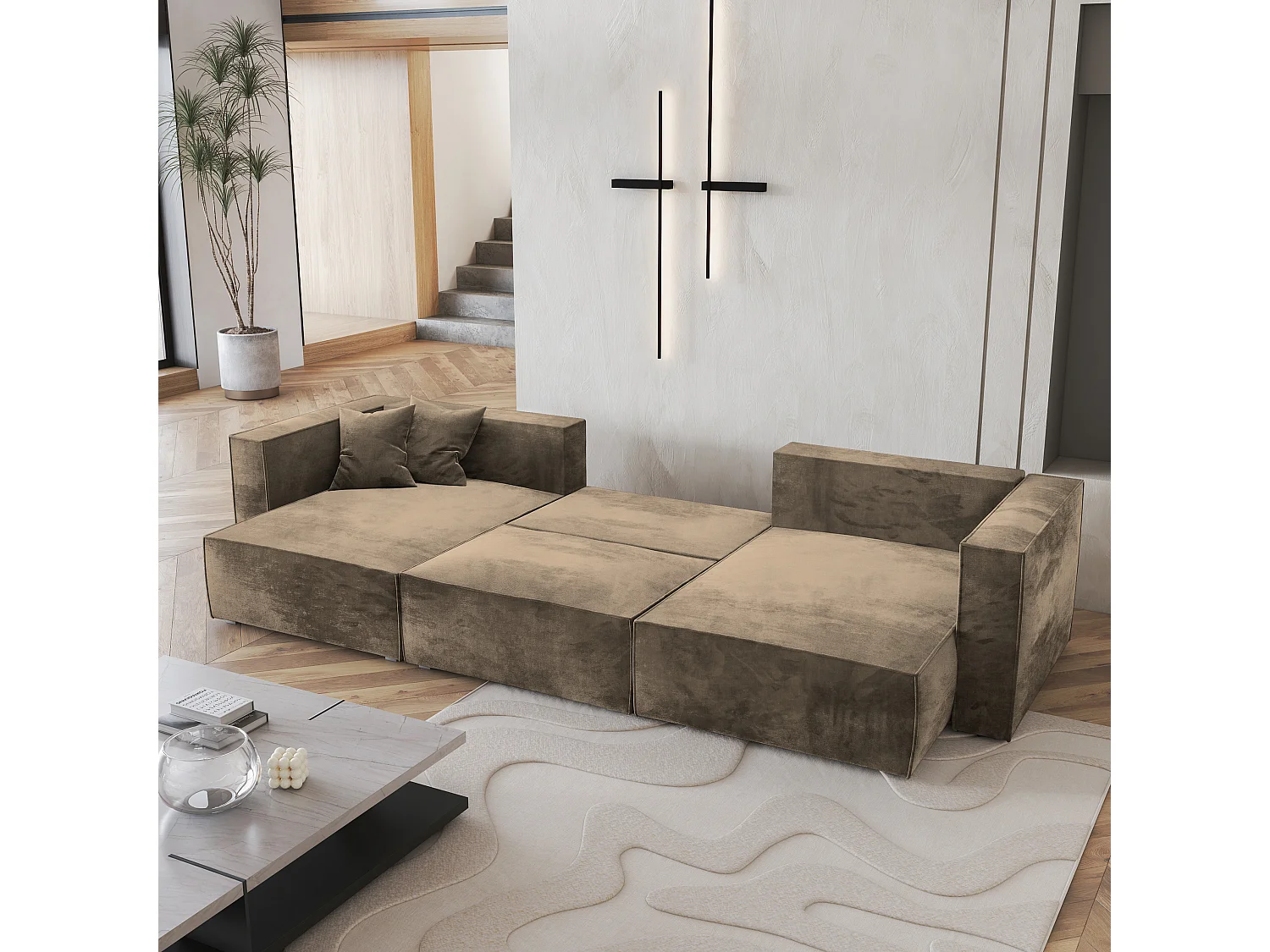 Canapé d'angle SARMO Beige en velours avec fonction de couchage