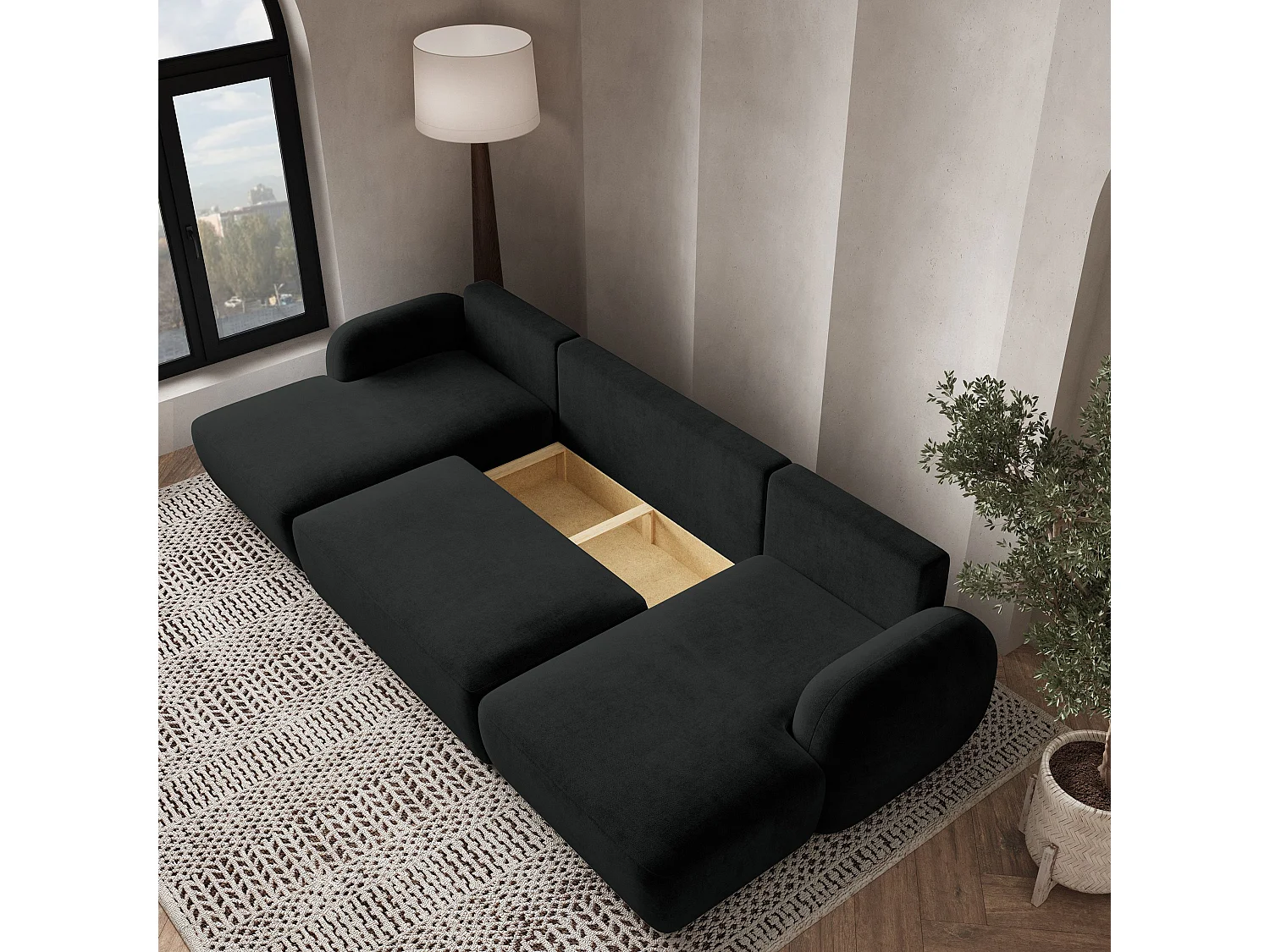 Canapé d'angle SAVONA Noir en peluche avec fonction de couchage