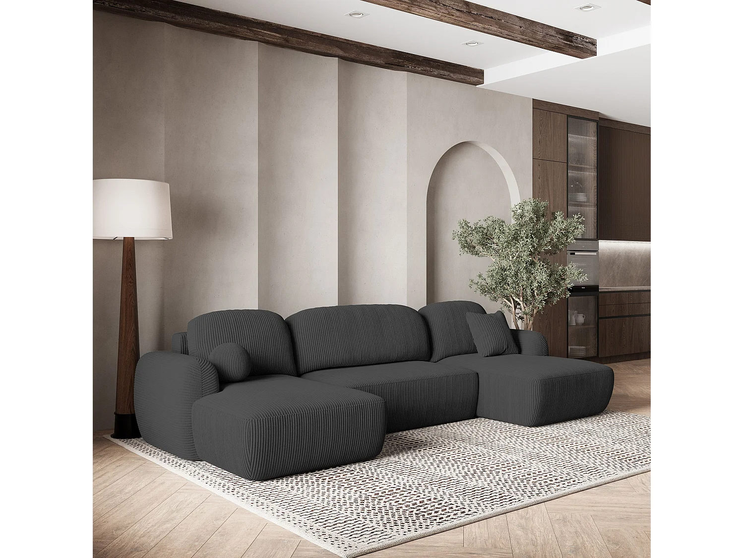 Canapé d'angle SAVONA Gris anthracite en velours côtelé avec fonction de couchage