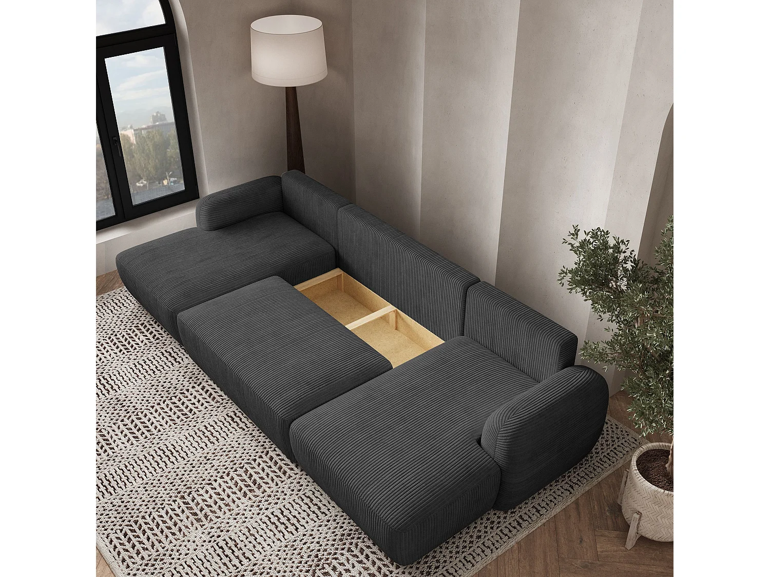 Canapé d'angle SAVONA Gris anthracite en velours côtelé avec fonction de couchage