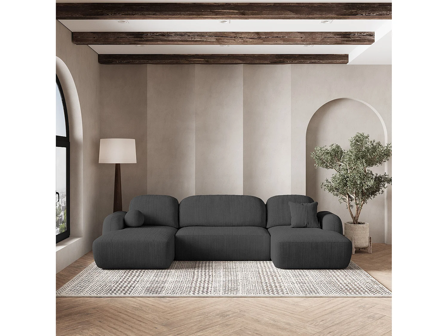 Canapé d'angle SAVONA Gris anthracite en velours côtelé avec fonction de couchage